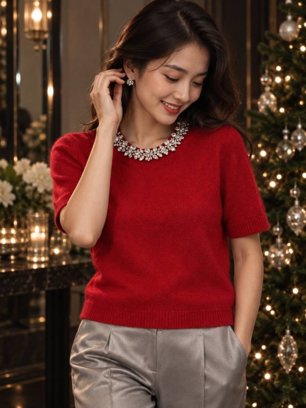 Antonio Melani Sweater Women Kourtney Red Wool-Blend Size M Jeweled Neck NWT